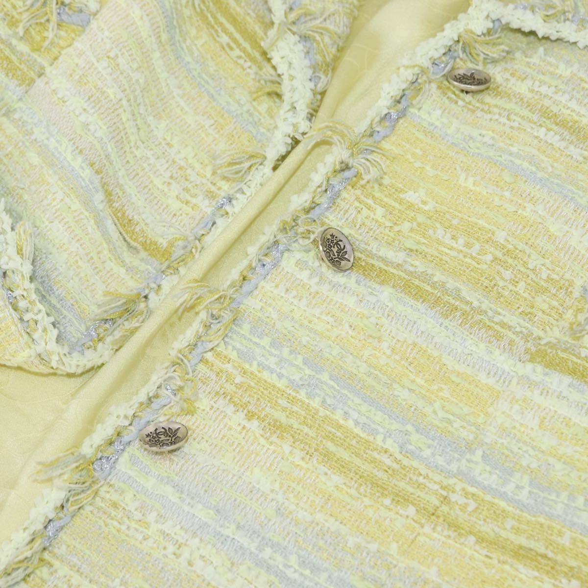 CHANEL Jacket Tweed Yellow Silver CC Auth 156695M