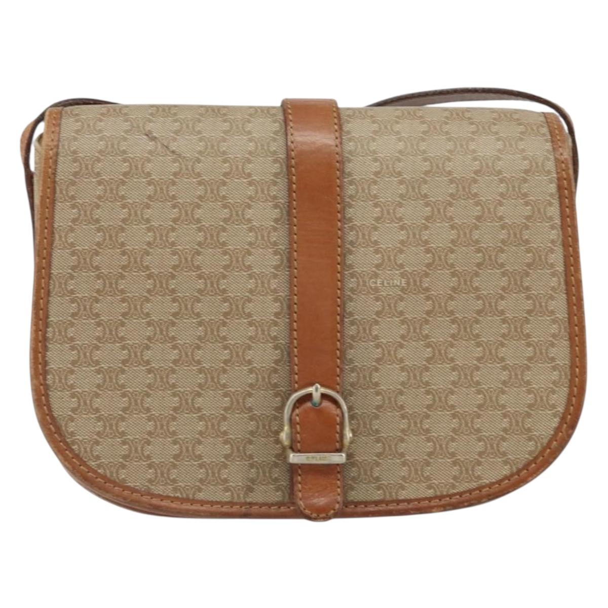 CELINE Macadam Canvas Shoulder Bag PVC Beige Gold Auth 156728