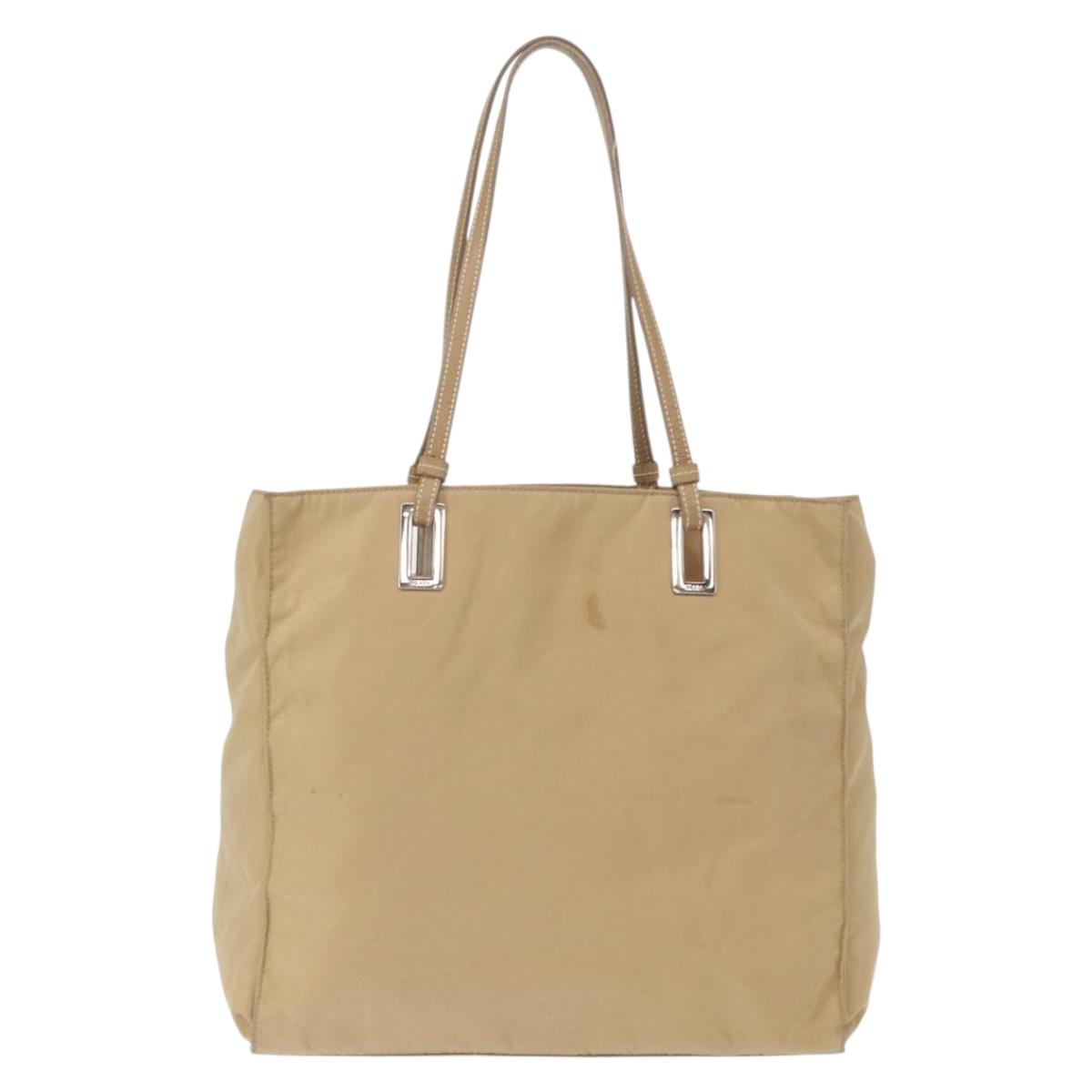 PRADA Tote Bag Nylon Leather Beige Silver Auth 156731