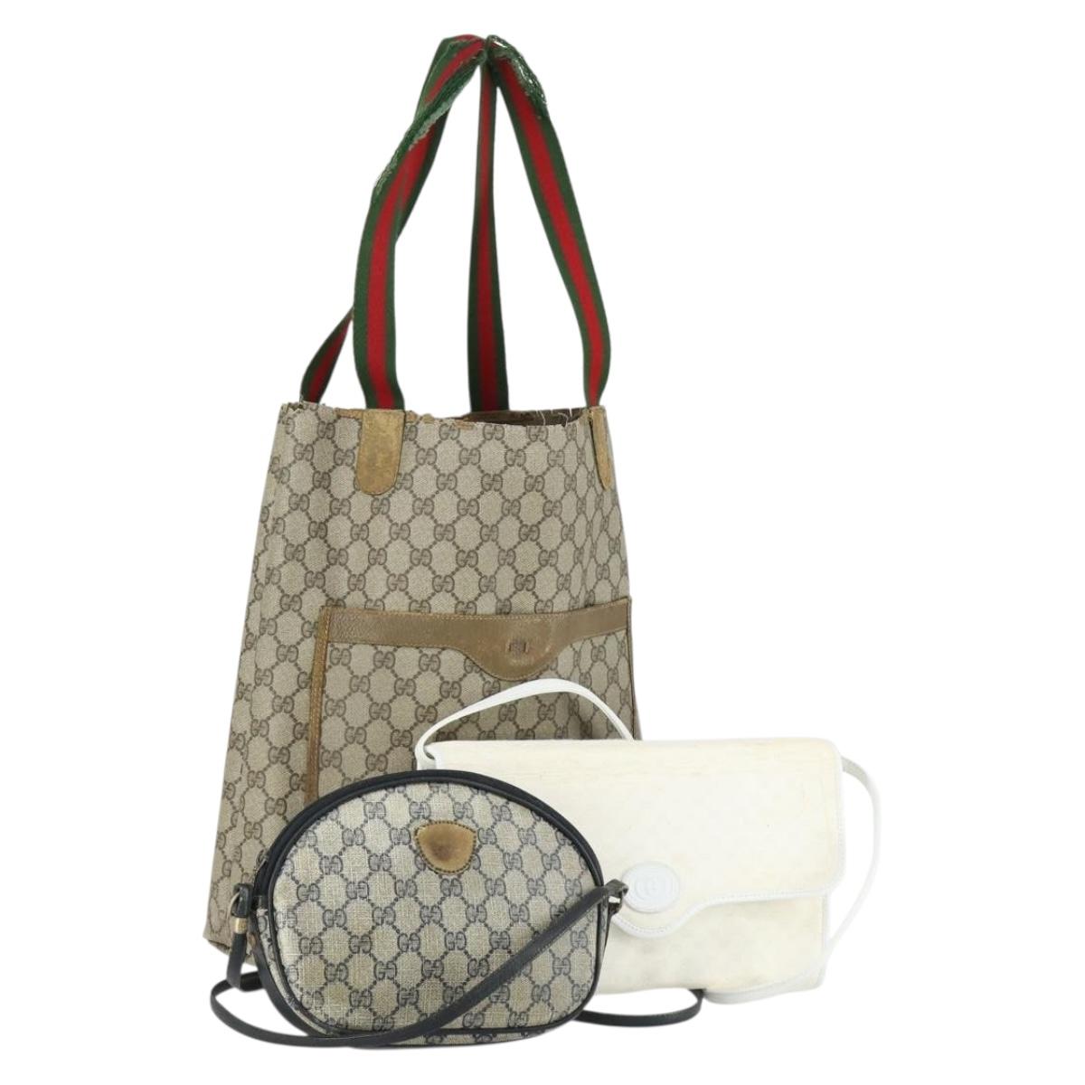 GUCCI GG Supreme Web Sherry Line Shoulder Bag PVC 3 Set Beige Gold Auth 156744