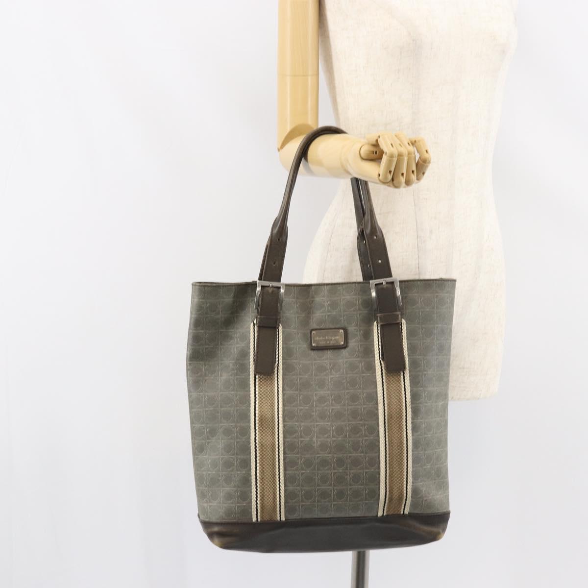 Salvatore Ferragamo Gancini Tote Bag Leather Brown Silver Auth 156802