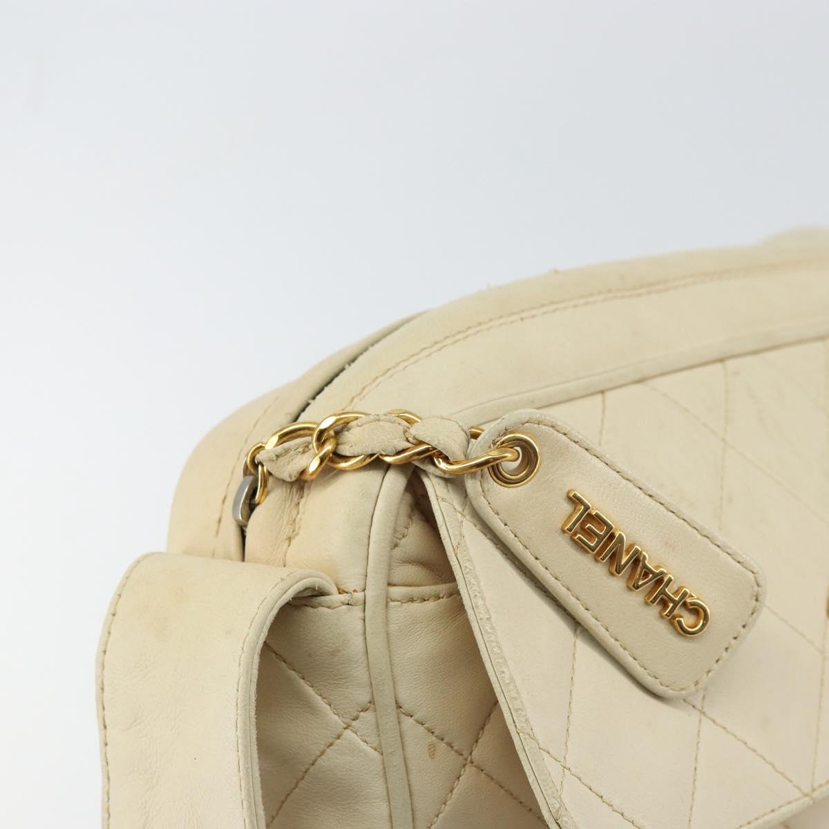 CHANEL Matelasse Shoulder Bag Lamb Skin White Gold CC Auth 156813