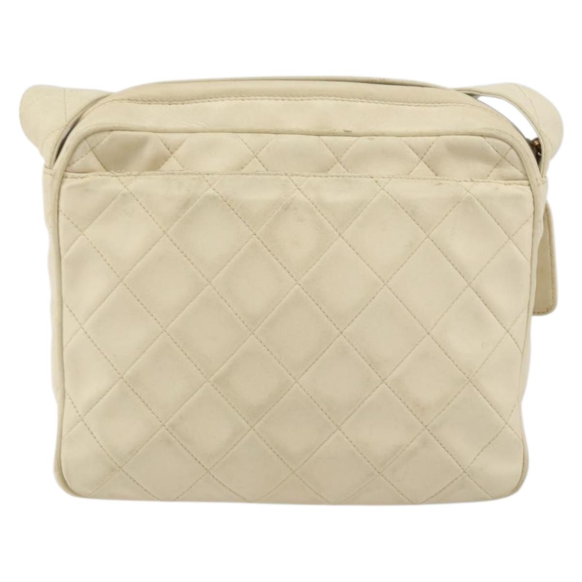 CHANEL Matelasse Shoulder Bag Lamb Skin White Gold CC Auth 156813