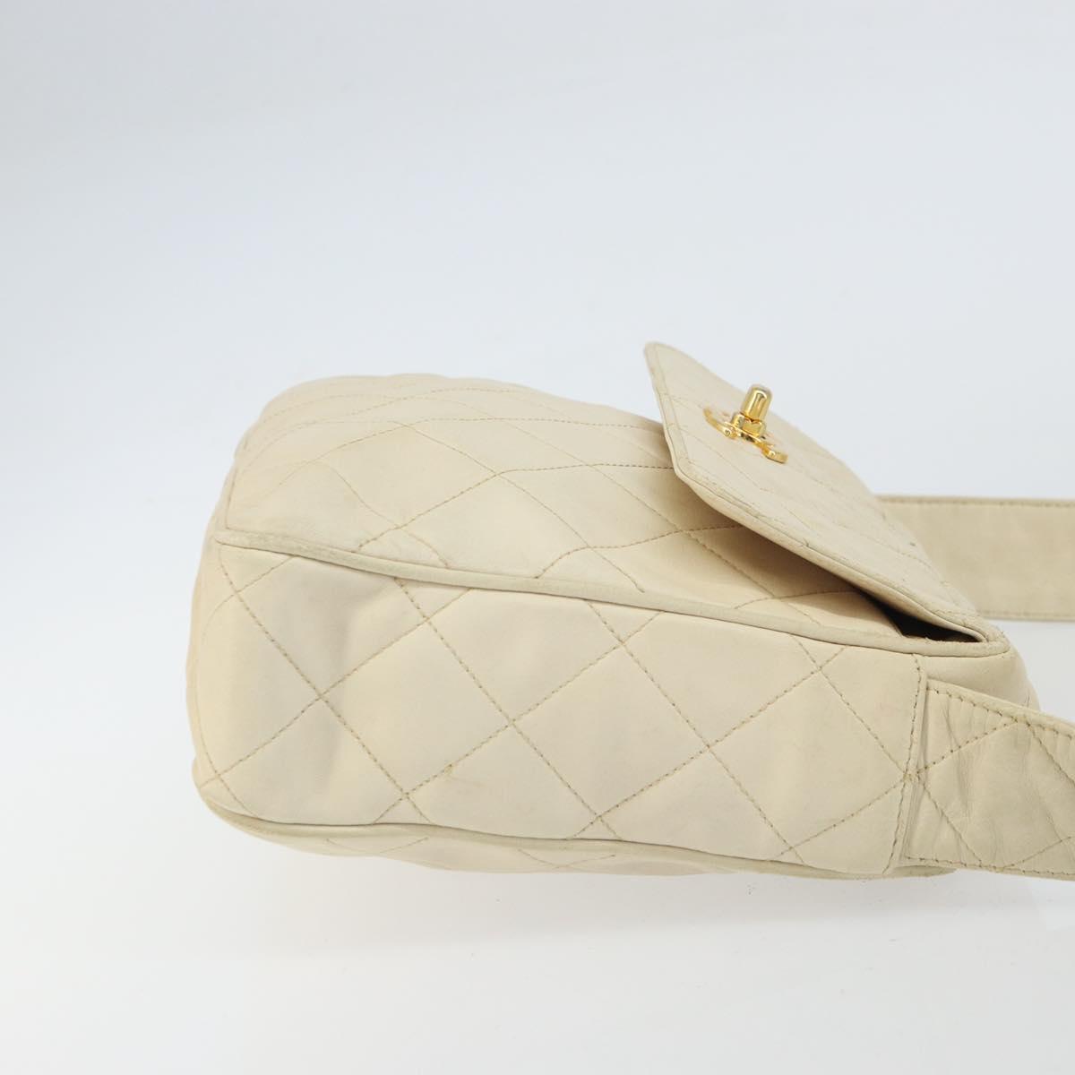 CHANEL Matelasse Shoulder Bag Lamb Skin White Gold CC Auth 156813