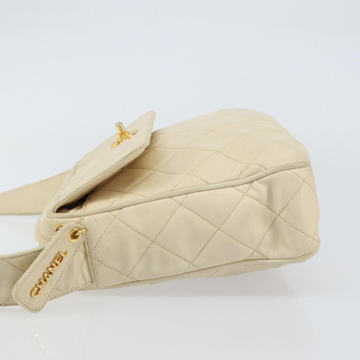 CHANEL Matelasse Shoulder Bag Lamb Skin White Gold CC Auth 156813