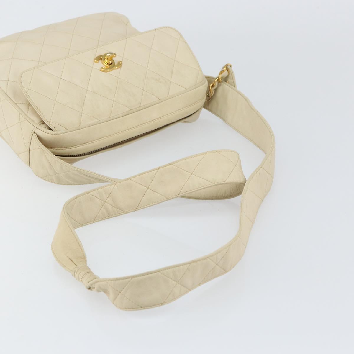 CHANEL Matelasse Shoulder Bag Lamb Skin White Gold CC Auth 156813