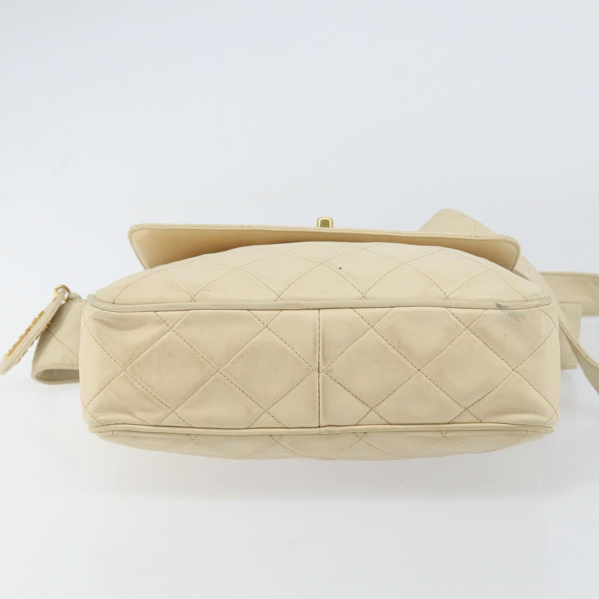 CHANEL Matelasse Shoulder Bag Lamb Skin White Gold CC Auth 156813