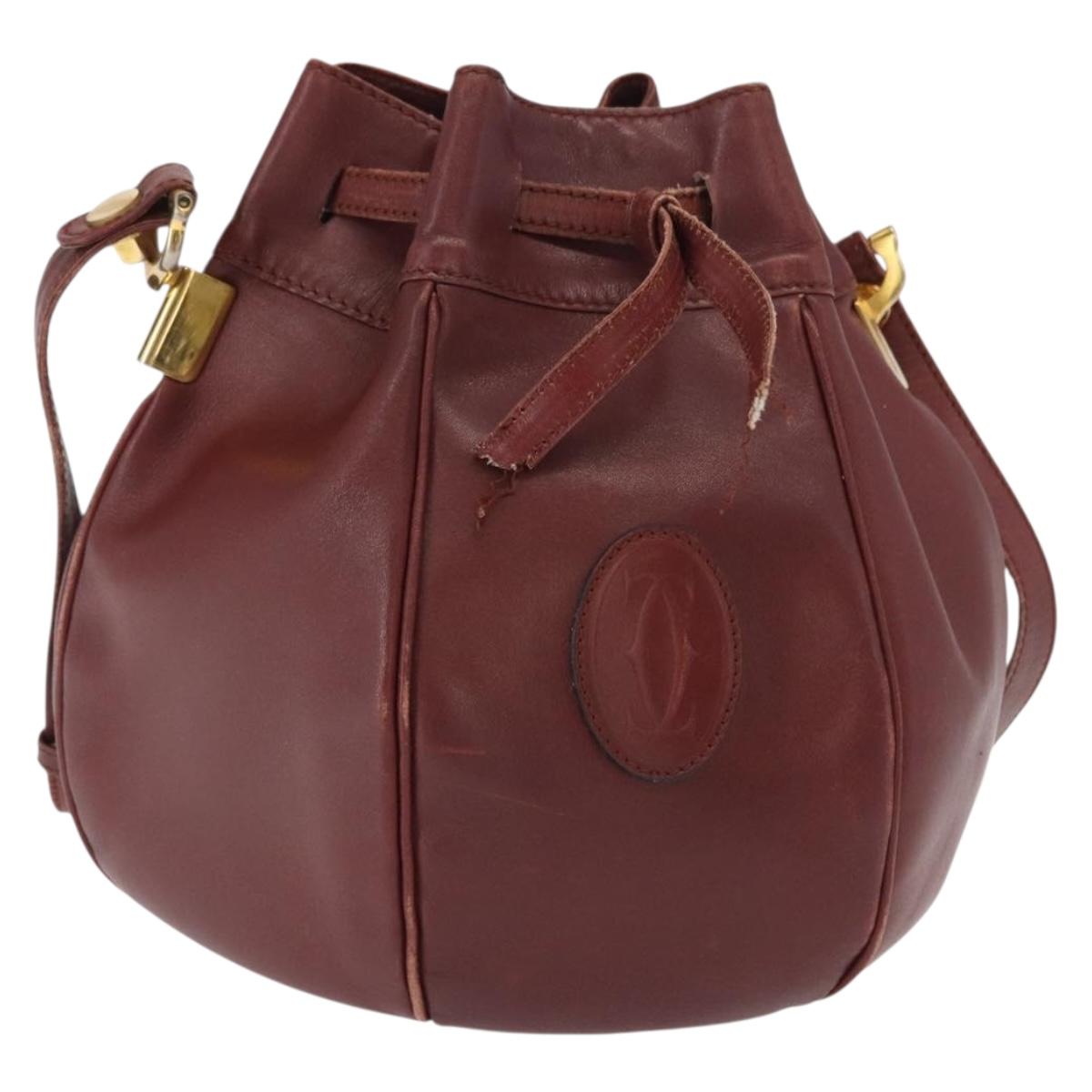 CARTIER Must Line Shoulder Bag Leather Bordeaux Gold Auth 156815