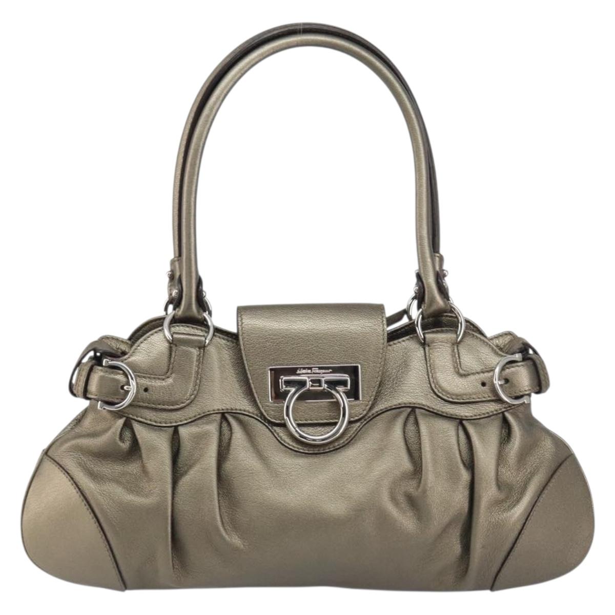 Salvatore Ferragamo Gancini Hand Bag Leather Silver Auth 156816