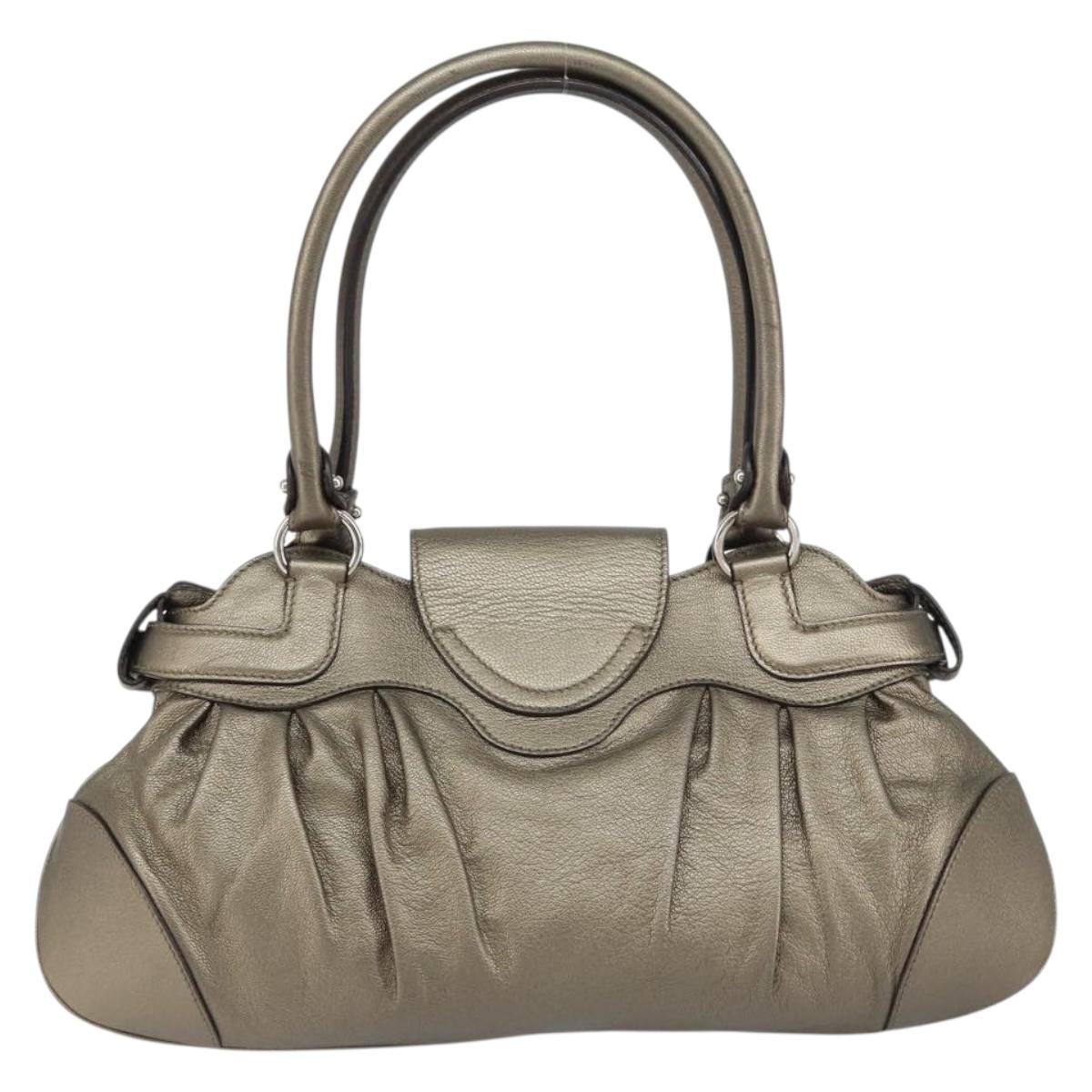 Salvatore Ferragamo Gancini Hand Bag Leather Silver Auth 156816