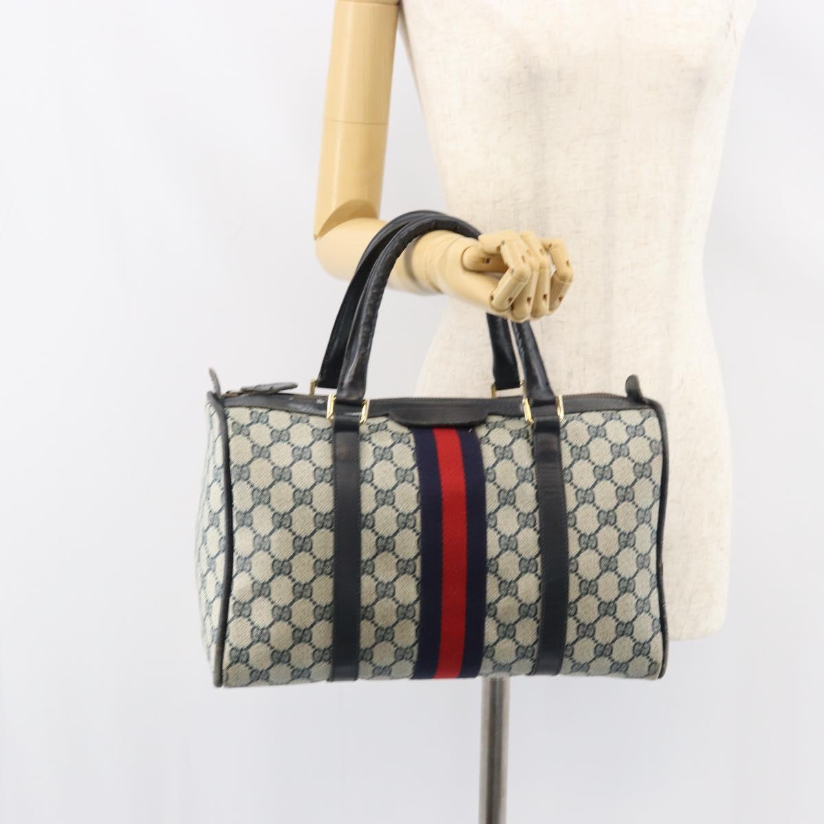 GUCCI GG Supreme Sherry Line Boston Bag PVC Navy Gold Auth 156820