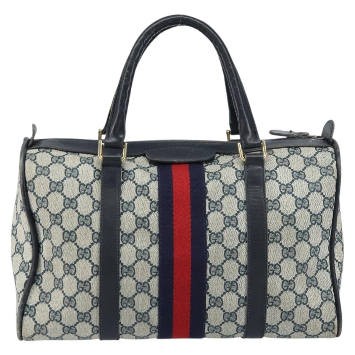 GUCCI GG Supreme Sherry Line Boston Bag PVC Navy Gold Auth 156820