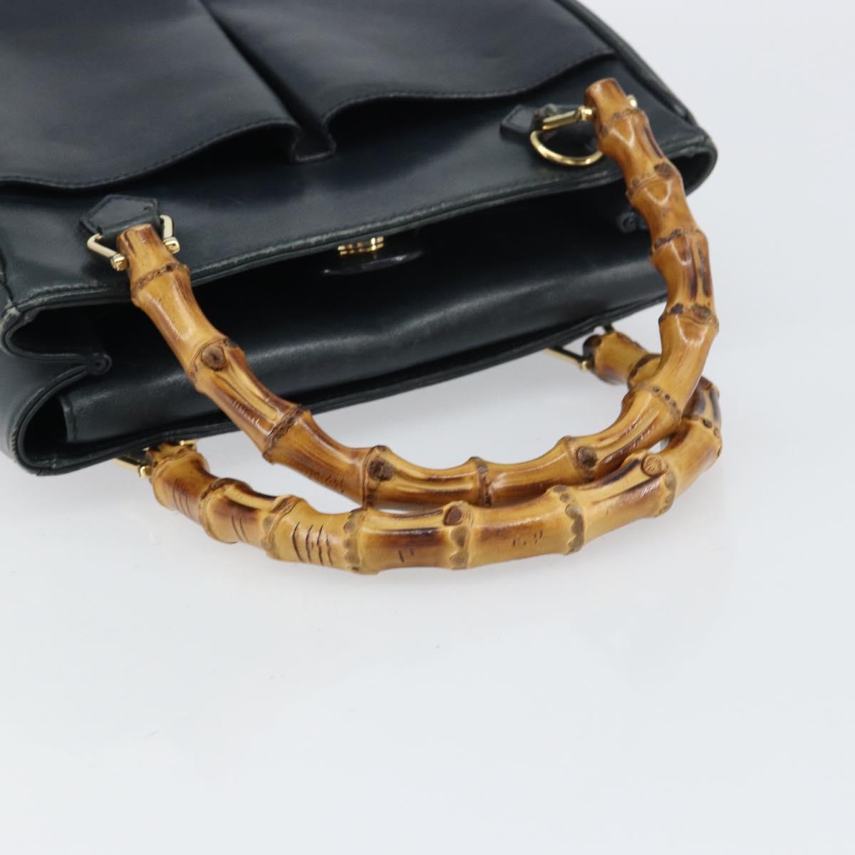 GUCCI Bamboo Hand Bag Leather Gold Navy 000 1364 0316 Auth 156828