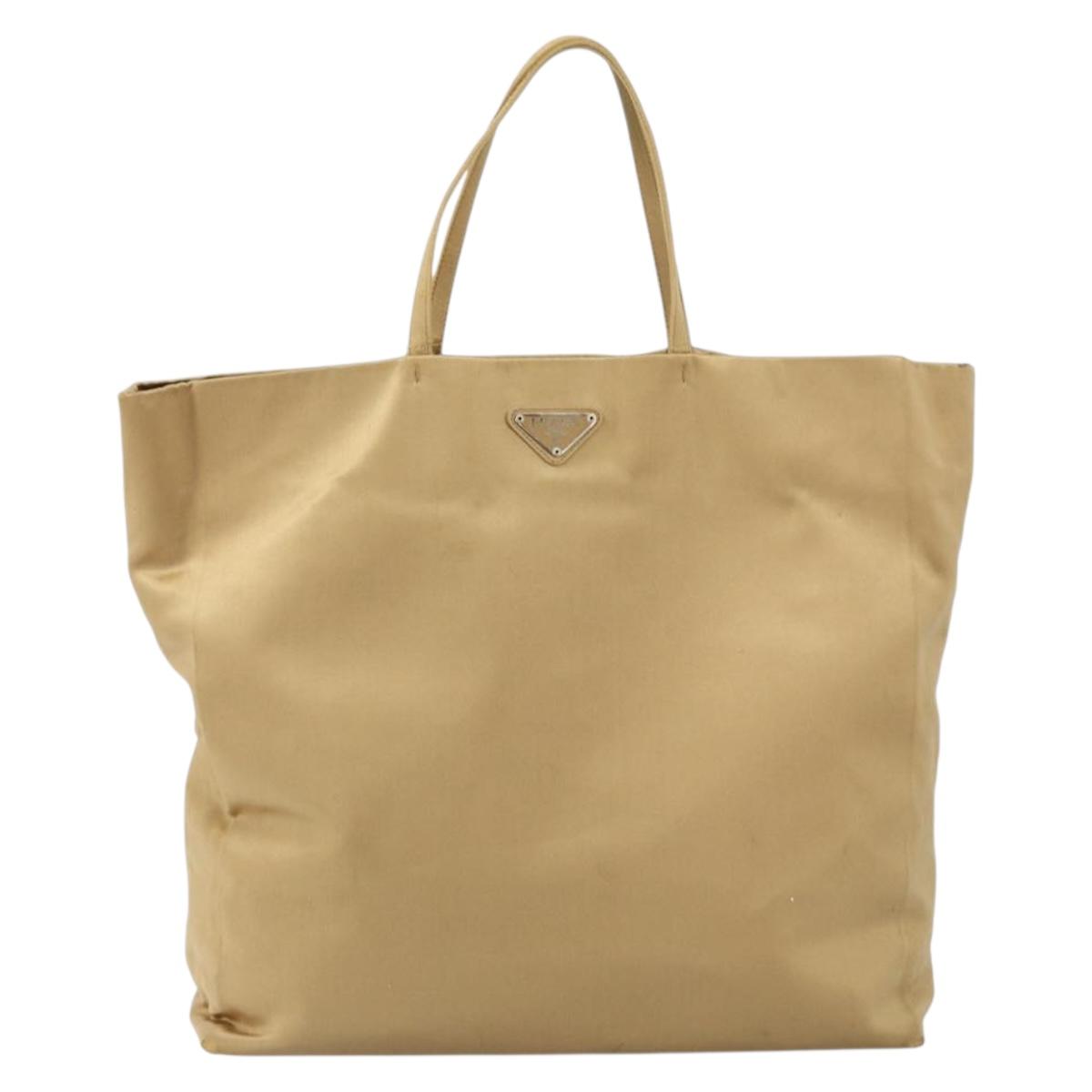 PRADA Tote Bag Satin Beige Silver Auth 156863