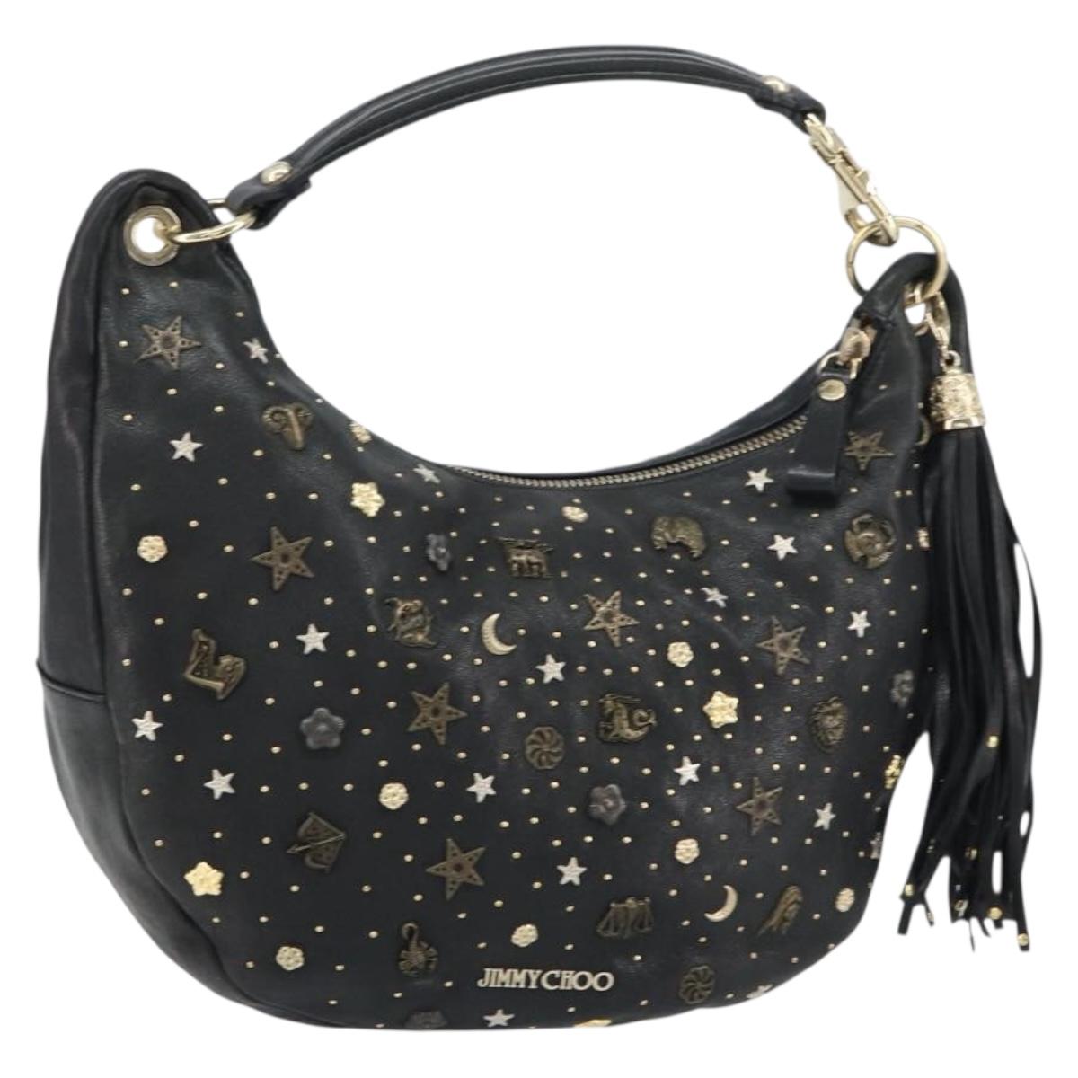 Jimmy Choo Studs Hand Bag Leather Black Gold Auth 156871