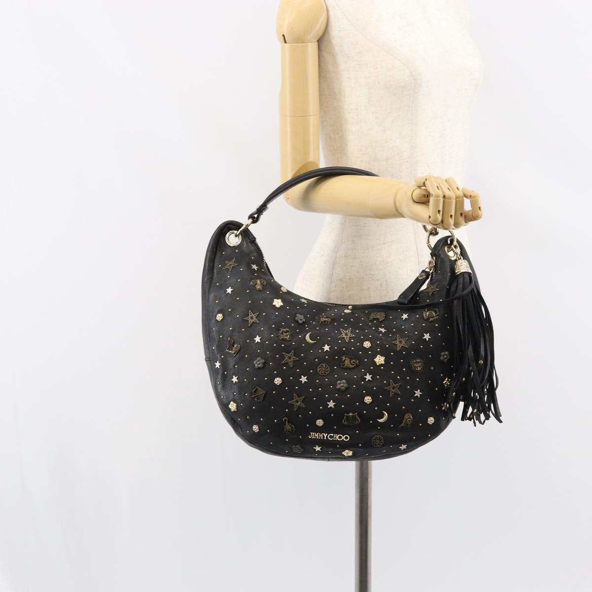 Jimmy Choo Studs Hand Bag Leather Black Gold Auth 156871