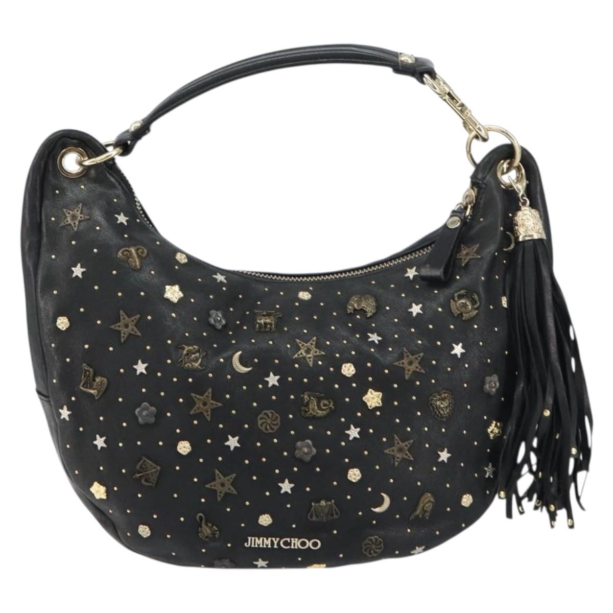 Jimmy Choo Studs Hand Bag Leather Black Gold Auth 156871