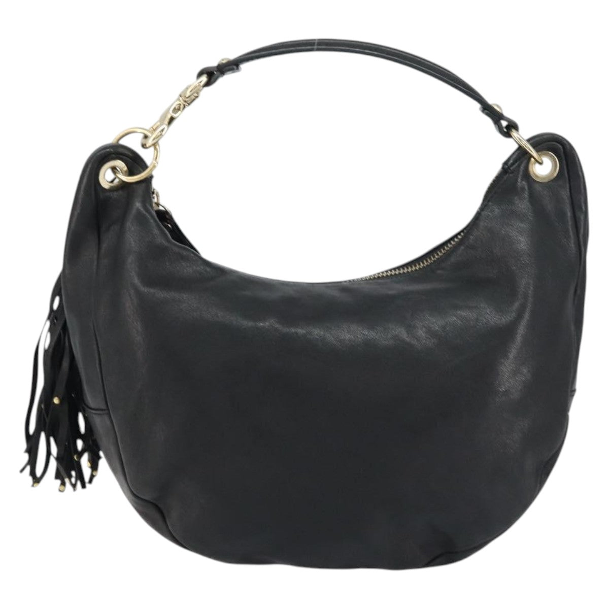 Jimmy Choo Studs Hand Bag Leather Black Gold Auth 156871