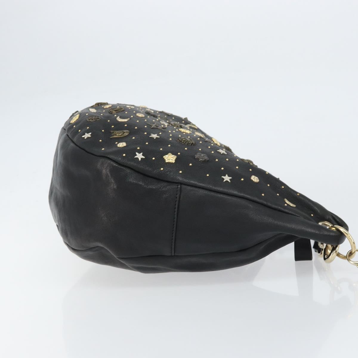 Jimmy Choo Studs Hand Bag Leather Black Gold Auth 156871