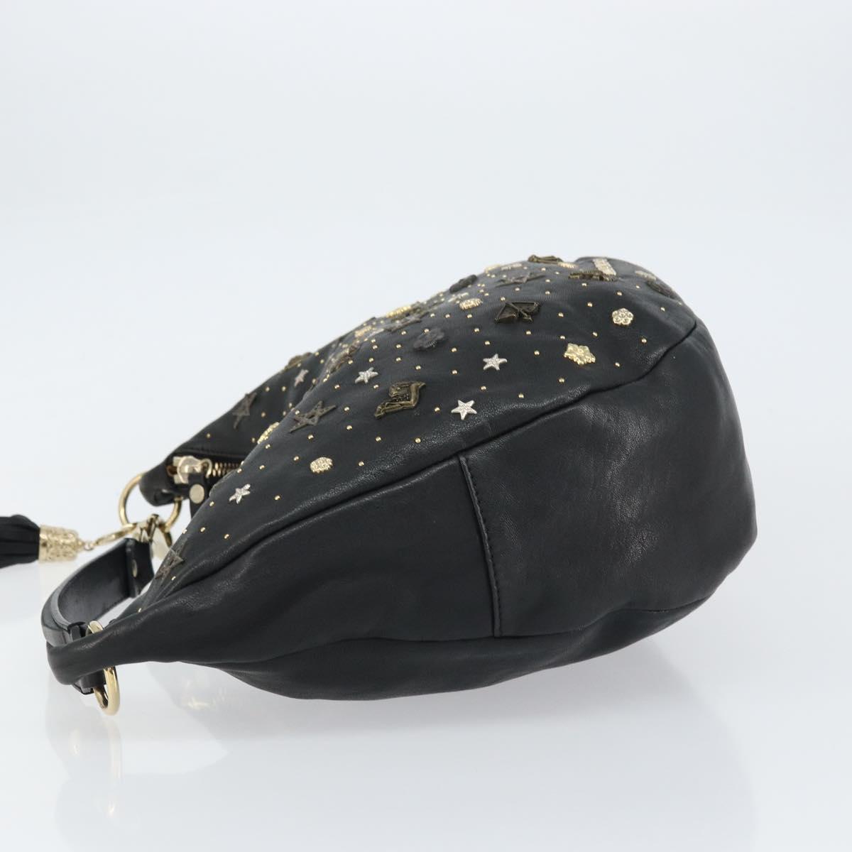 Jimmy Choo Studs Hand Bag Leather Black Gold Auth 156871