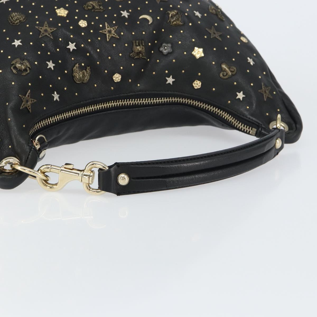 Jimmy Choo Studs Hand Bag Leather Black Gold Auth 156871