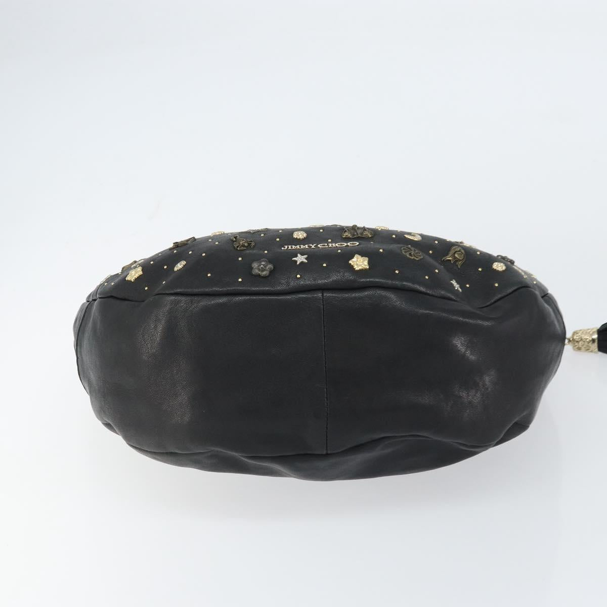 Jimmy Choo Studs Hand Bag Leather Black Gold Auth 156871