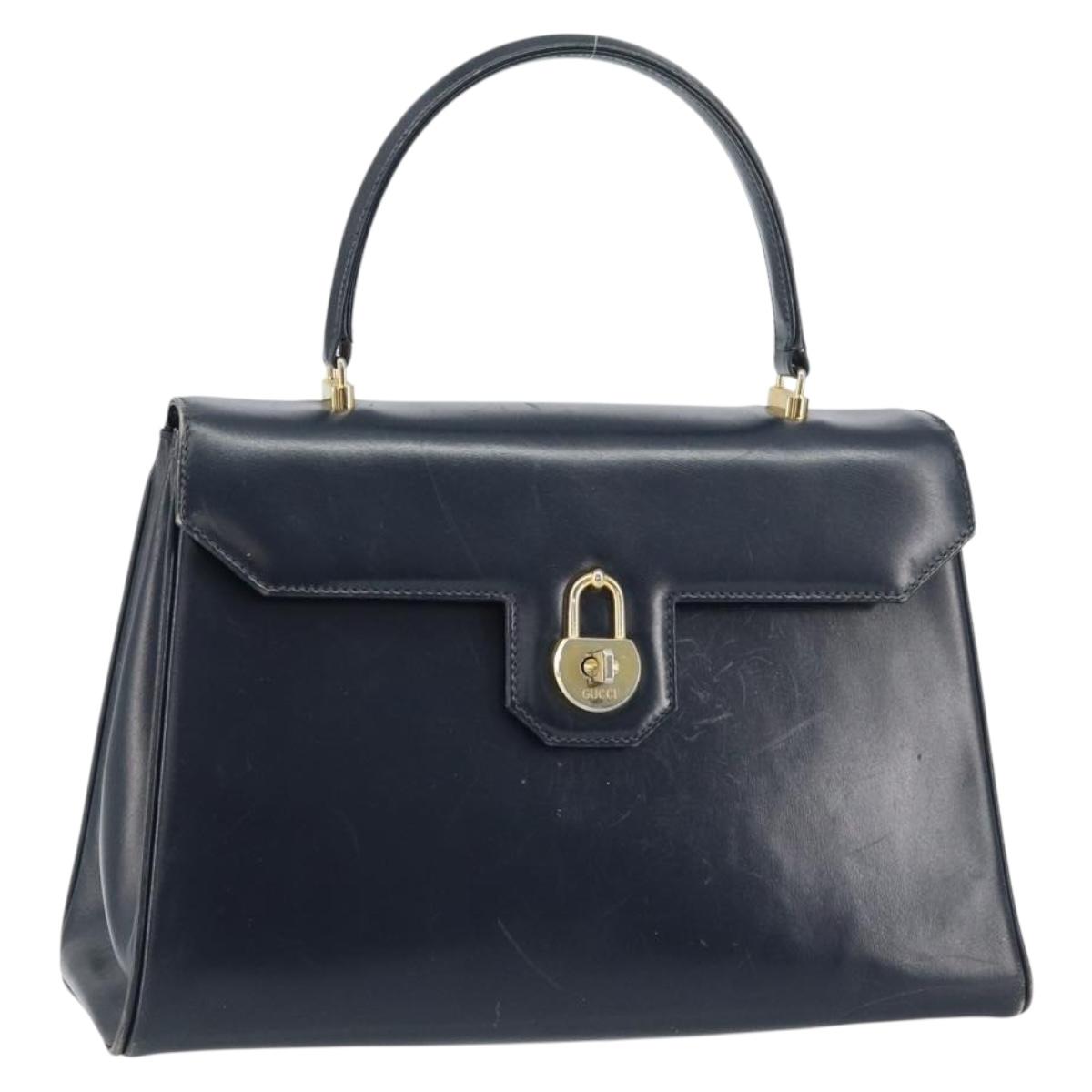 GUCCI Hand Bag Leather Navy Gold Auth 156872