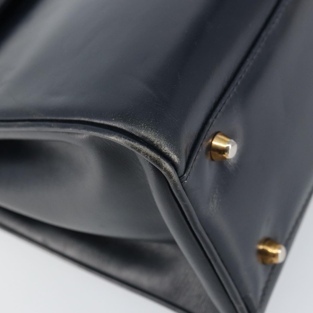 GUCCI Hand Bag Leather Navy Gold Auth 156872