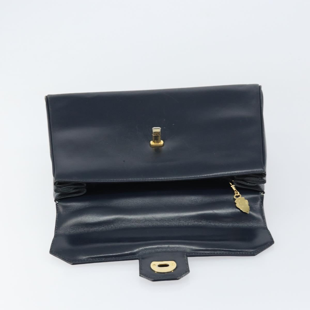 GUCCI Hand Bag Leather Navy Gold Auth 156872