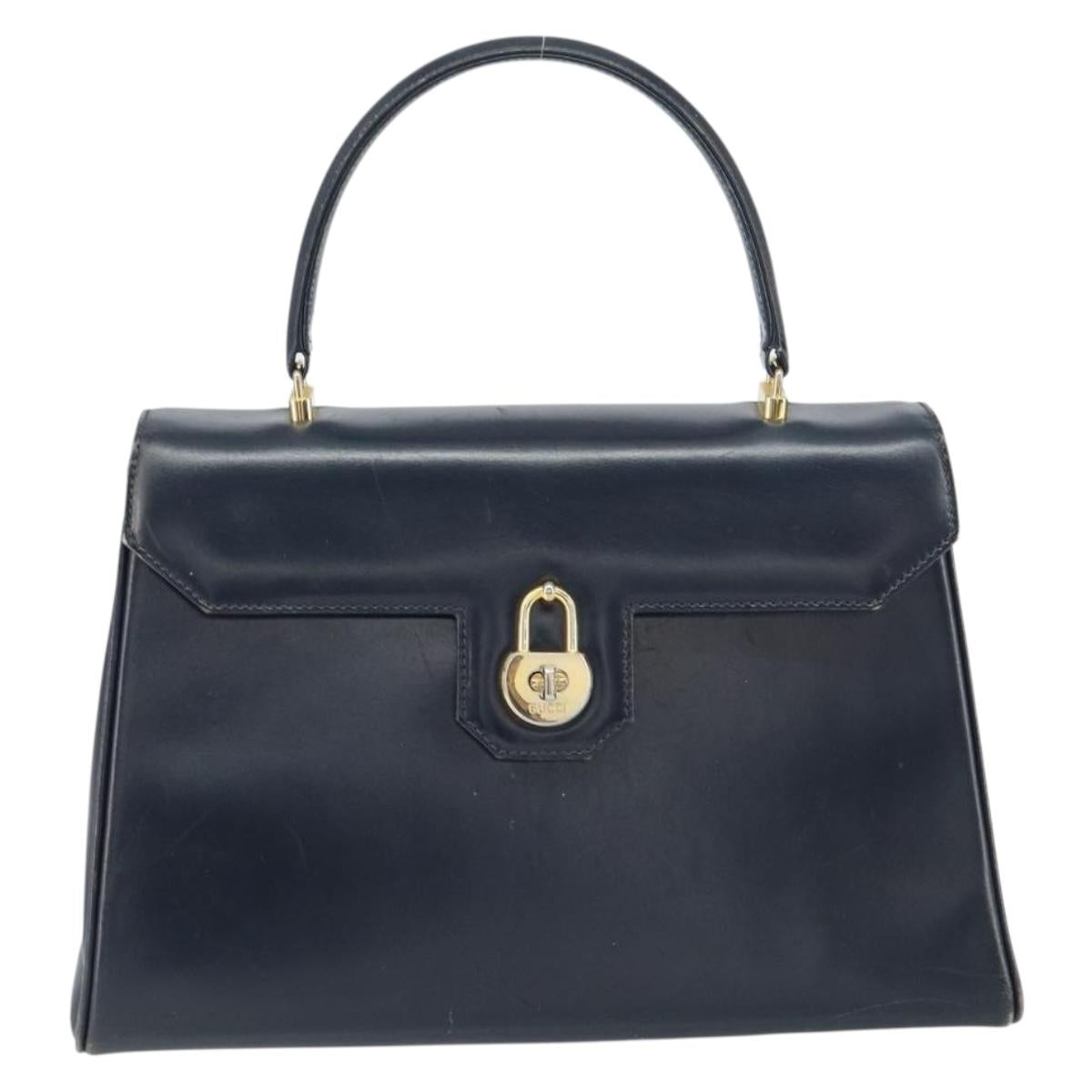 GUCCI Hand Bag Leather Navy Gold Auth 156872