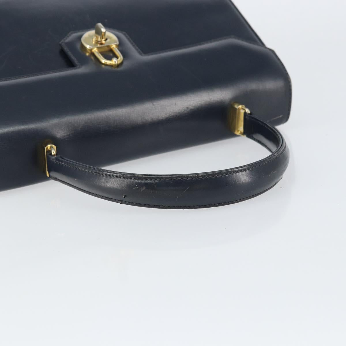 GUCCI Hand Bag Leather Navy Gold Auth 156872