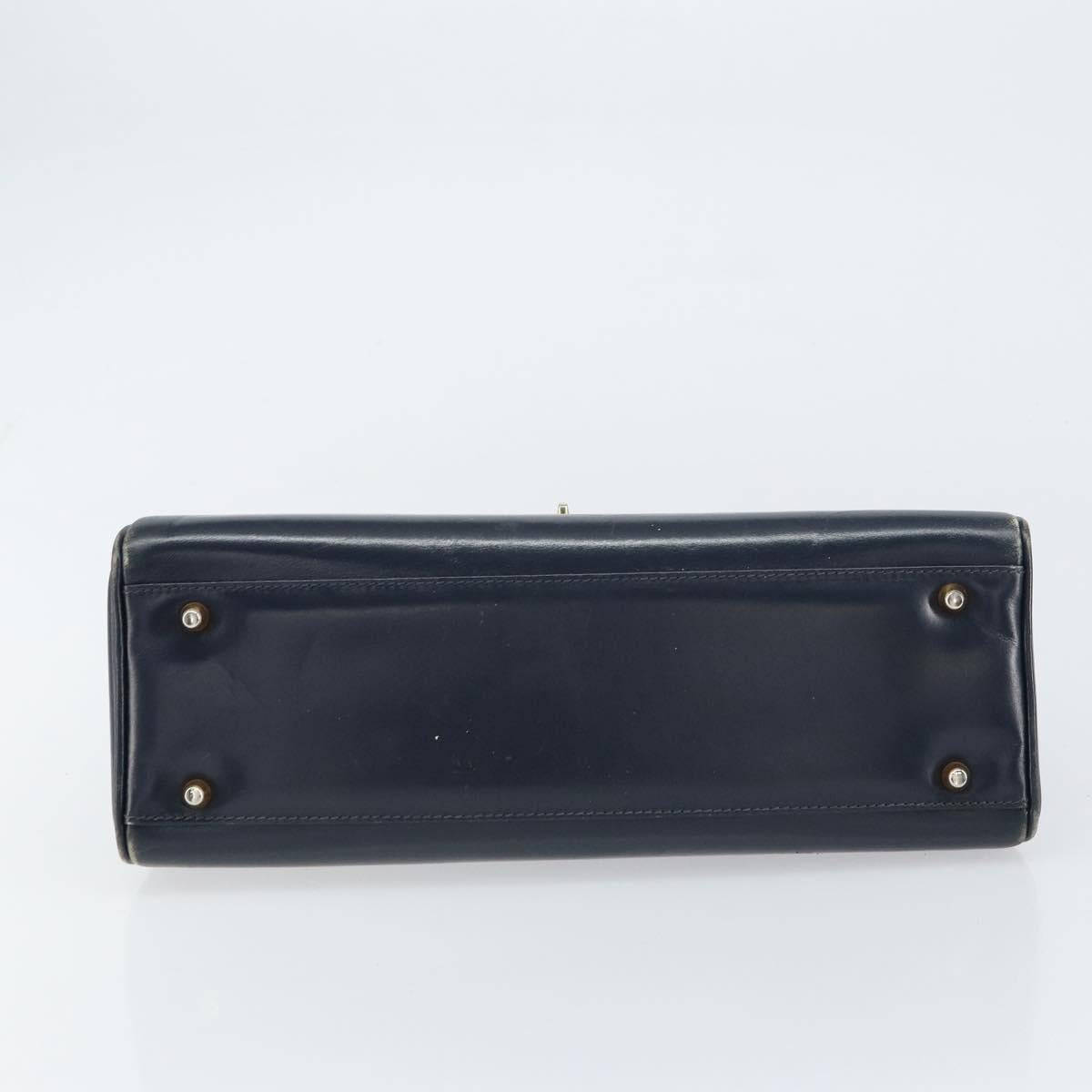 GUCCI Hand Bag Leather Navy Gold Auth 156872