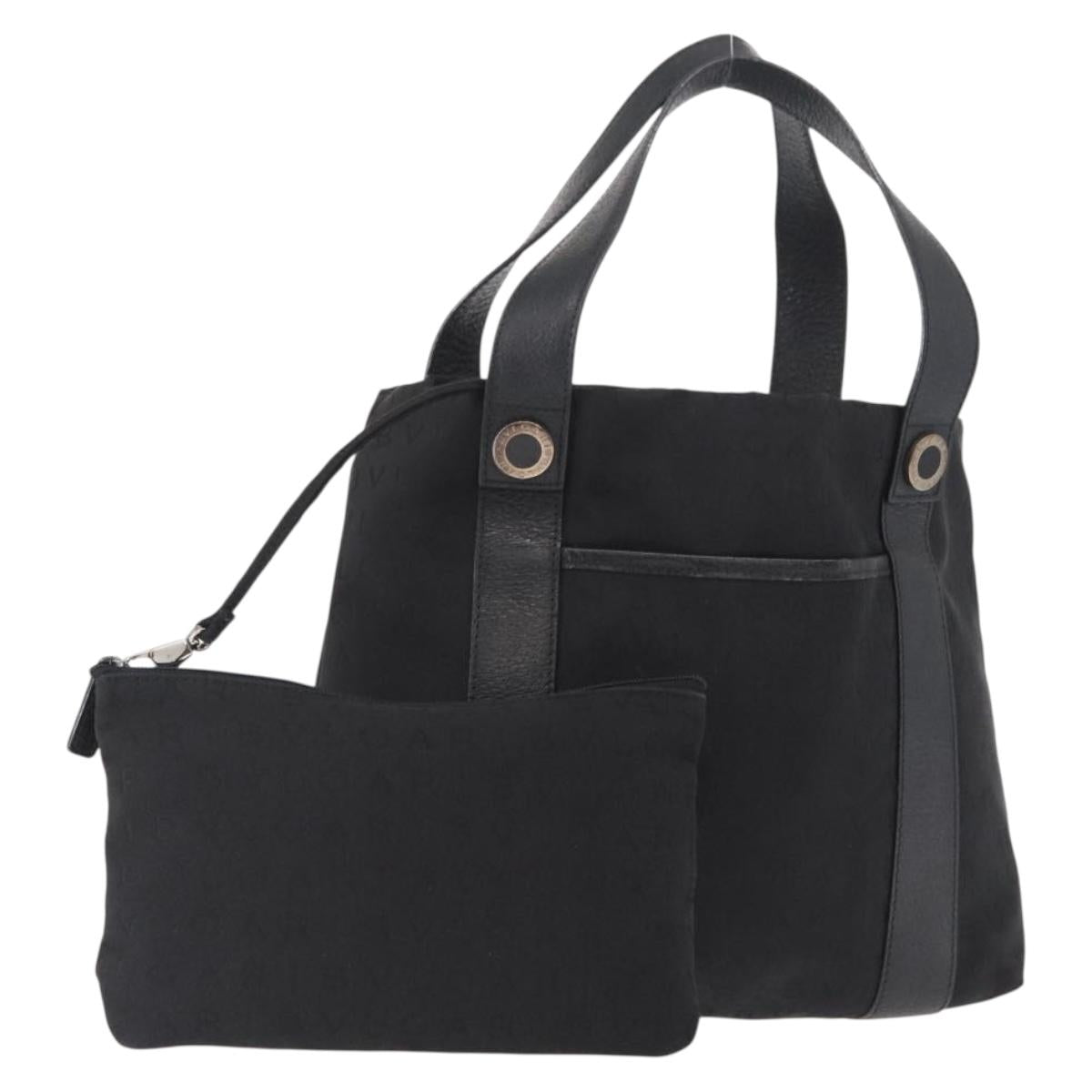 BVLGARI Logo Mania Tote Bag Canvas Black Silver Auth 156876