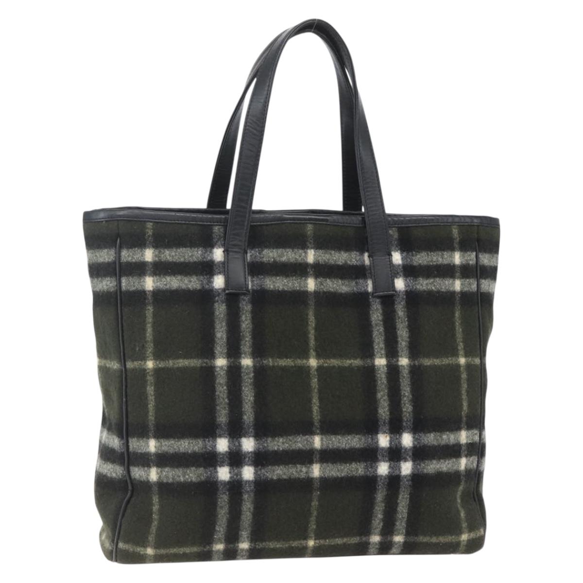 Burberrys Nova Check Blue Label Tote Bag Wool Green Silver Auth 156889