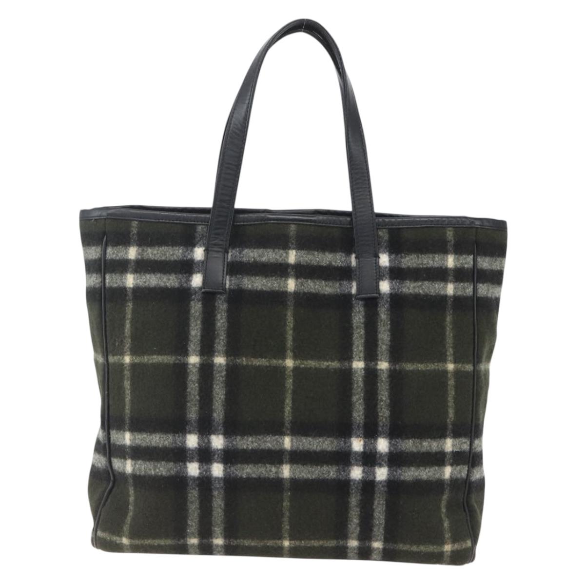 Burberrys Nova Check Blue Label Tote Bag Wool Green Silver Auth 156889