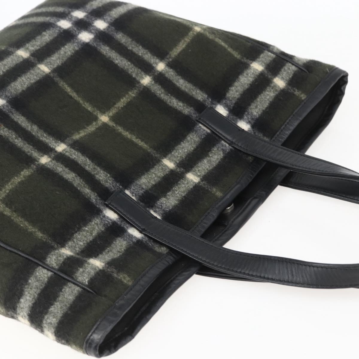 Burberrys Nova Check Blue Label Tote Bag Wool Green Silver Auth 156889
