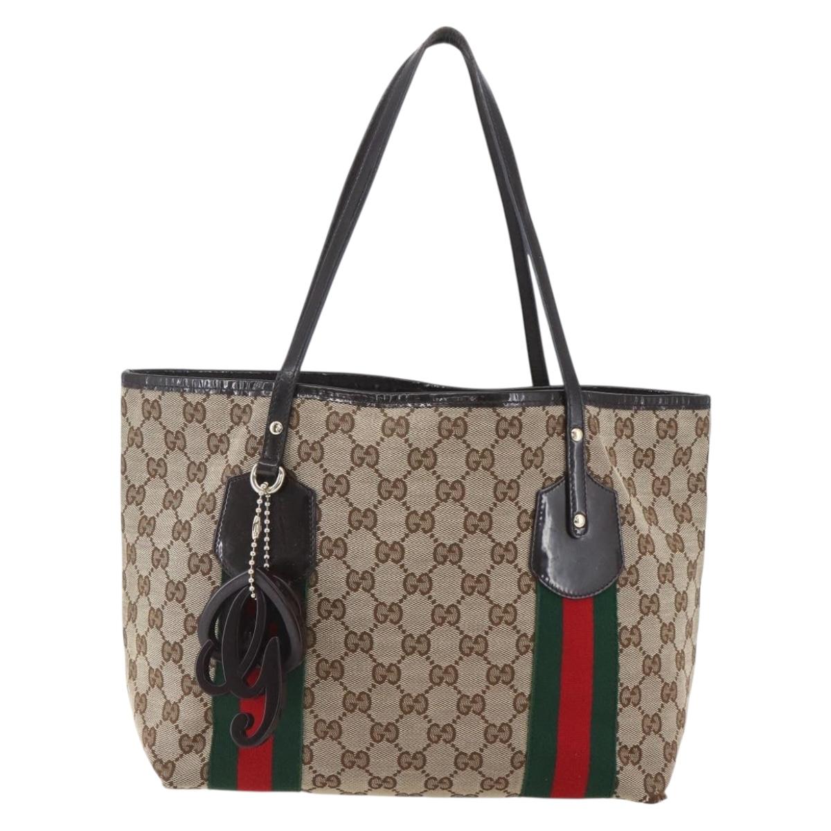GUCCI GG Canvas Web Sherry Line Tote Bag Beige Red 211971 Auth 156906