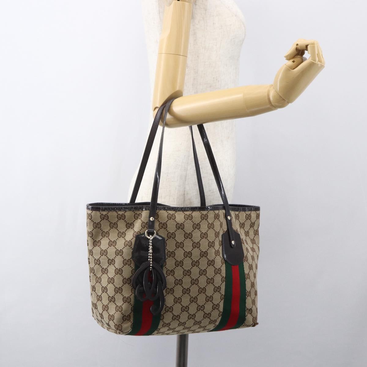 GUCCI GG Canvas Web Sherry Line Tote Bag Beige Red 211971 Auth 156906