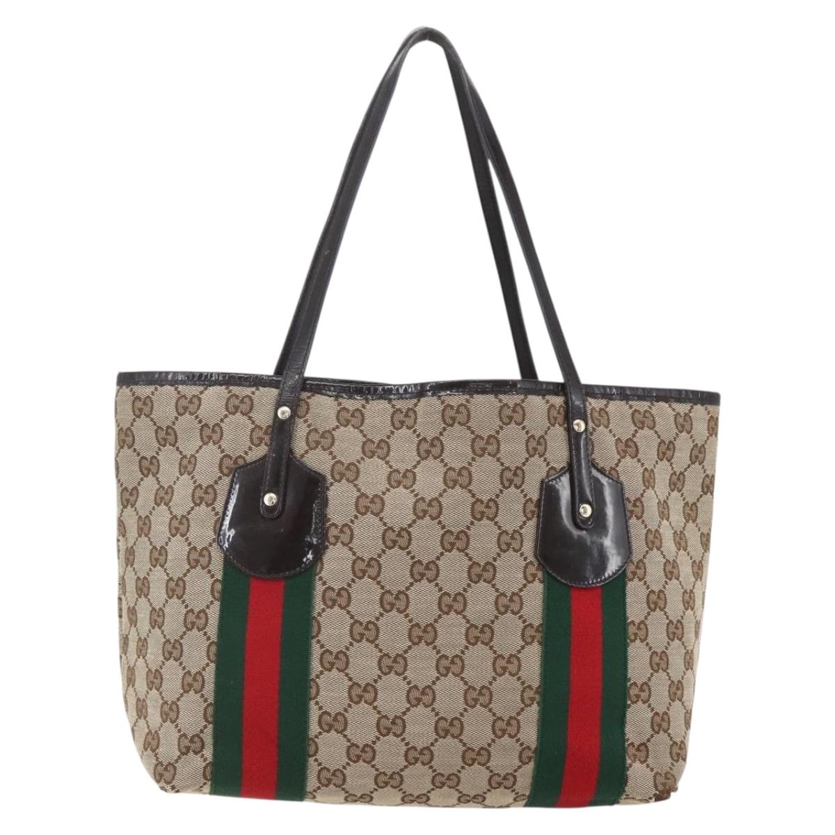 GUCCI GG Canvas Web Sherry Line Tote Bag Beige Red 211971 Auth 156906