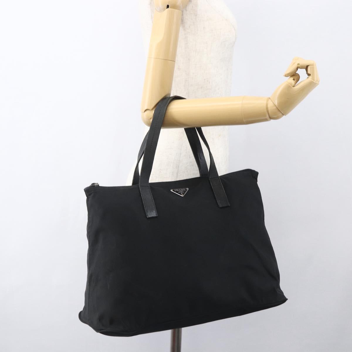 PRADA Tote Bag Nylon Black Silver Auth 156932