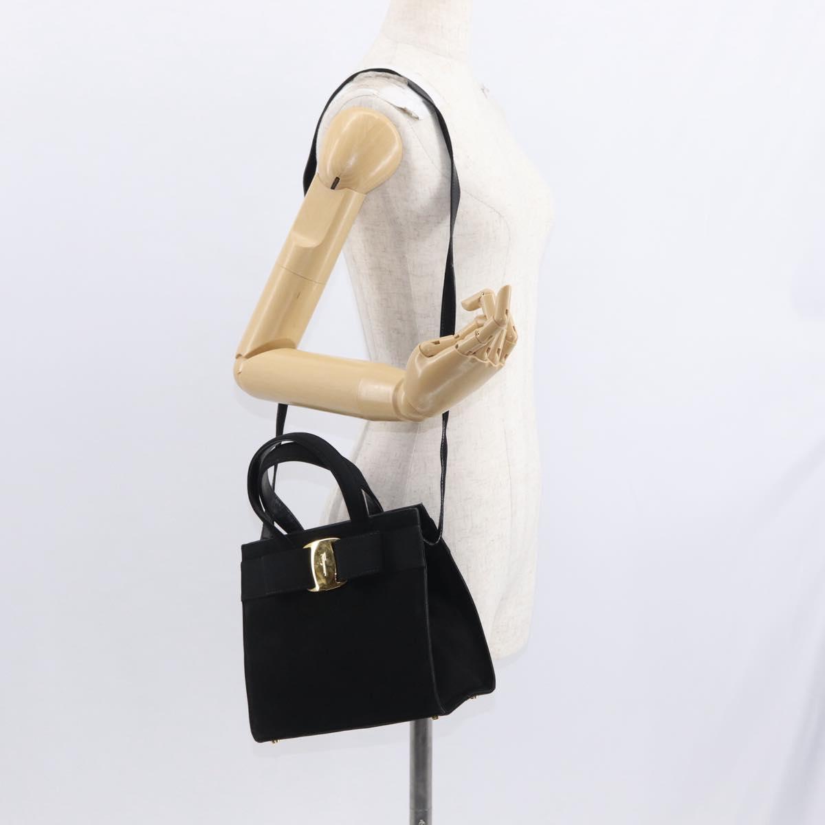 Salvatore Ferragamo Vala Hand Bag Suede 2way Black Gold Auth 156942