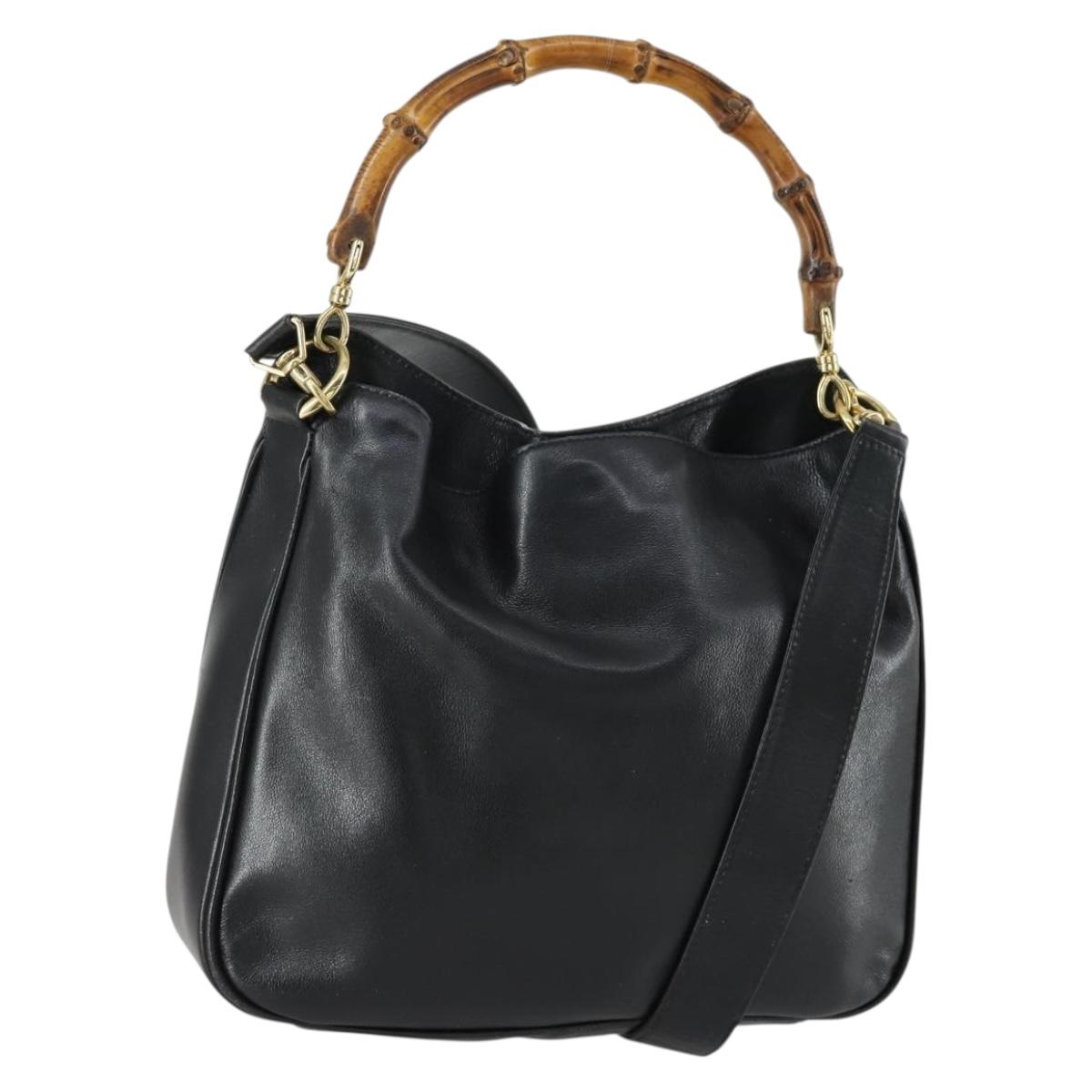 GUCCI Bamboo Hand Bag Leather 2way Black Gold 001 1638 2615 Auth 156944