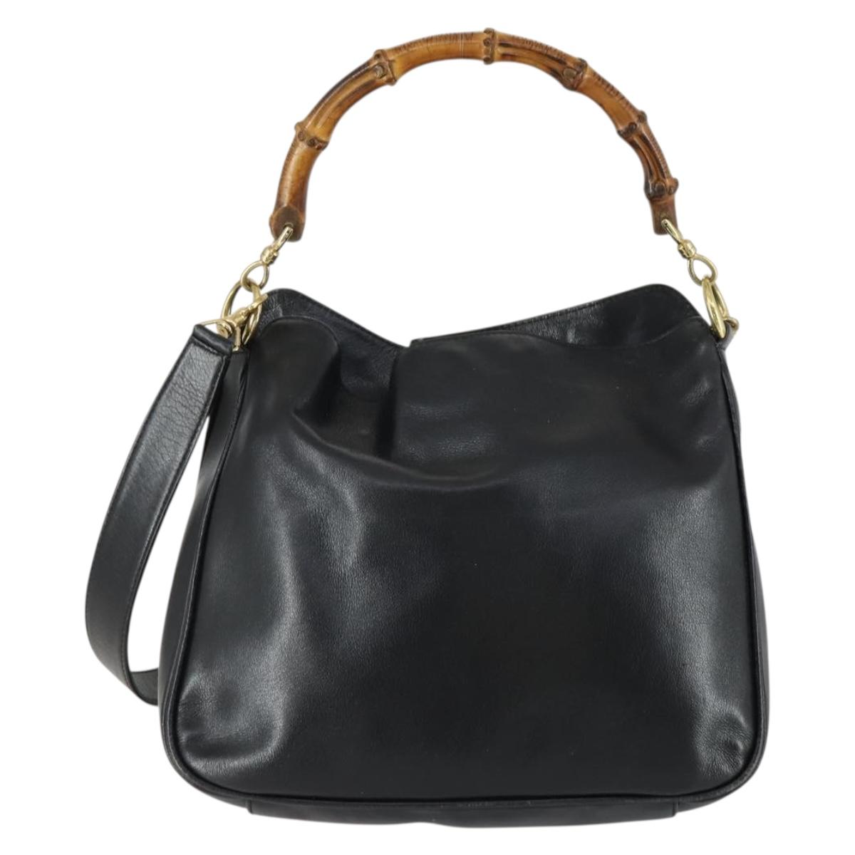 GUCCI Bamboo Hand Bag Leather 2way Black Gold 001 1638 2615 Auth 156944