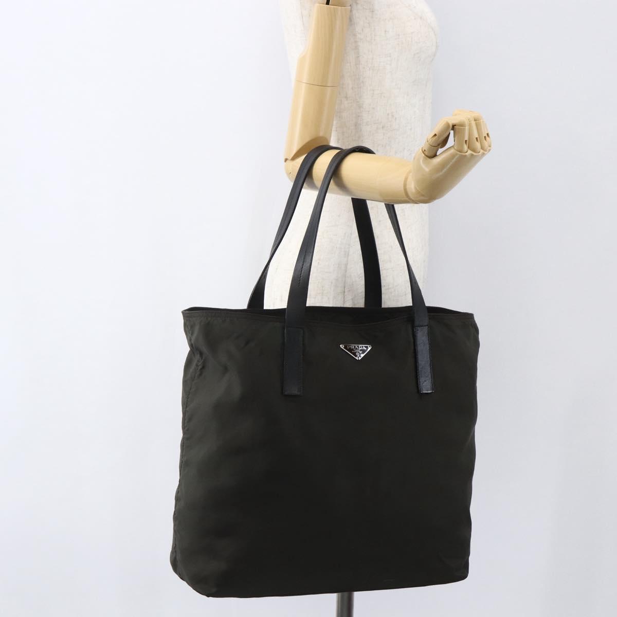PRADA Tote Bag Nylon Khaki Silver Auth 156947