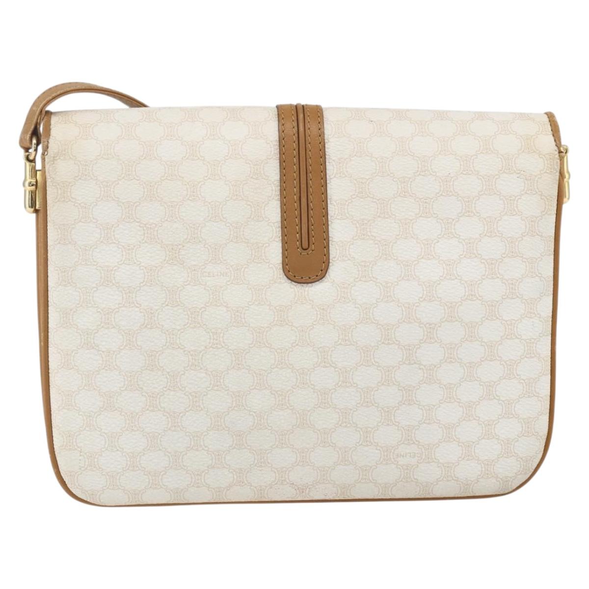 CELINE Macadam Canvas Shoulder Bag PVC Leather White Gold Auth 156965