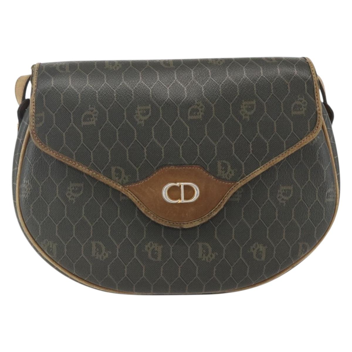Christian Dior Honeycomb Canvas Shoulder Bag PVC Gold Khaki Auth 156966