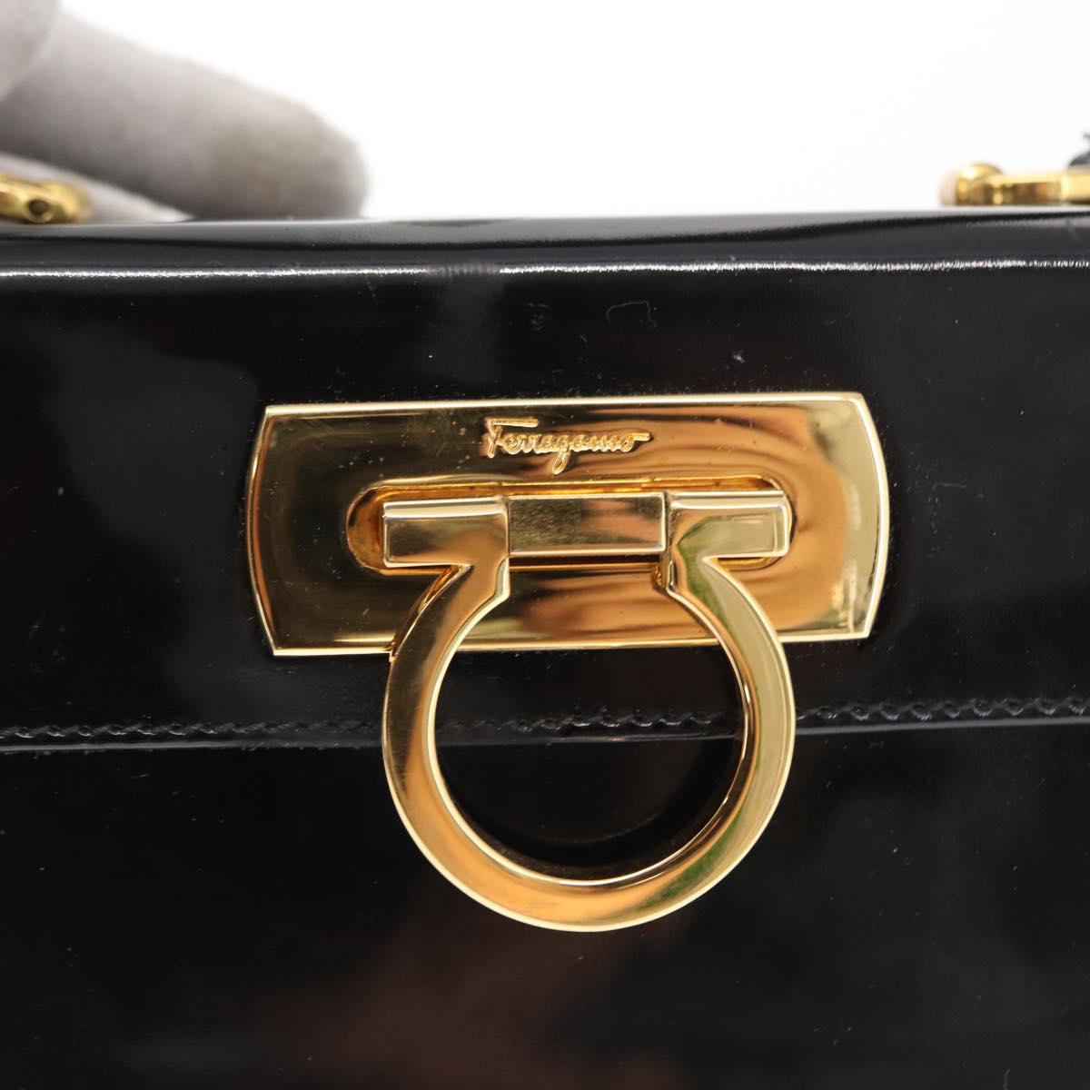 Salvatore Ferragamo Gancini Hand Bag Enamel Black Gold Auth 156968