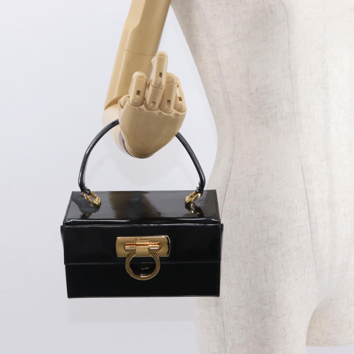 Salvatore Ferragamo Gancini Hand Bag Enamel Black Gold Auth 156968