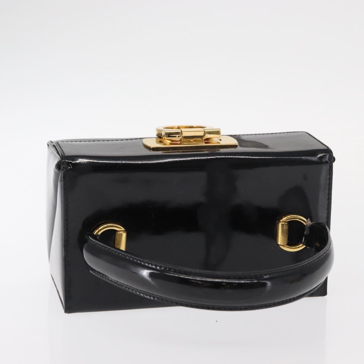 Salvatore Ferragamo Gancini Hand Bag Enamel Black Gold Auth 156968