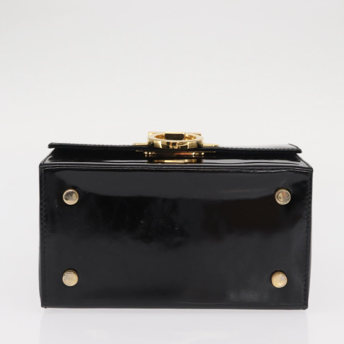 Salvatore Ferragamo Gancini Hand Bag Enamel Black Gold Auth 156968